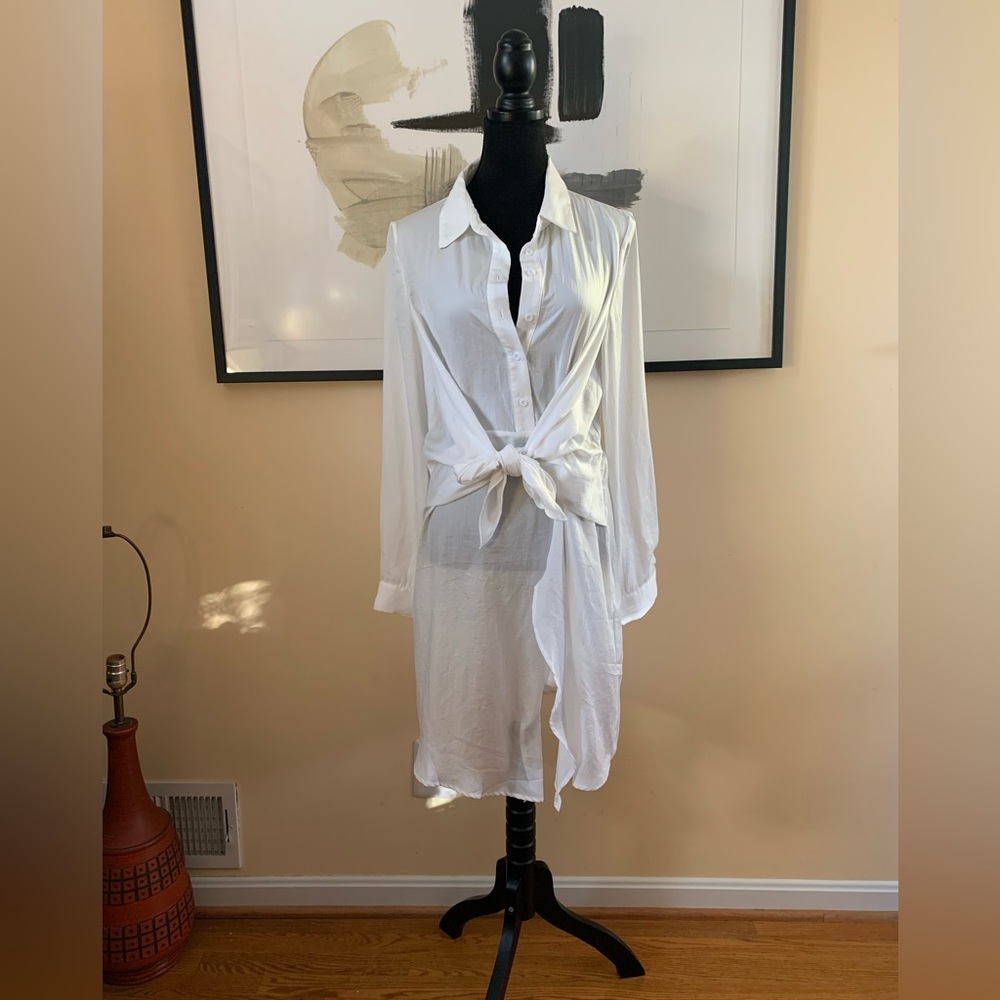 White Blouse Dress with Waist that Ties to Cinch WMNS Sz 12